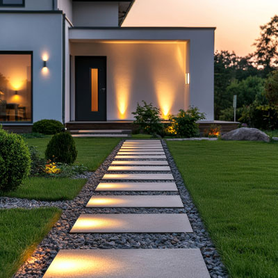 Large-format concrete tile in the entrance walkway of a modern home